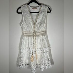 Azaka Paris white lacy crochet grecian sundress sz M/L tassels coquette